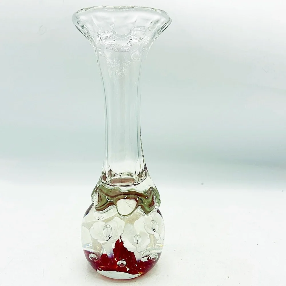 Art Glass Handblown Budvase Red with White Flowers 7